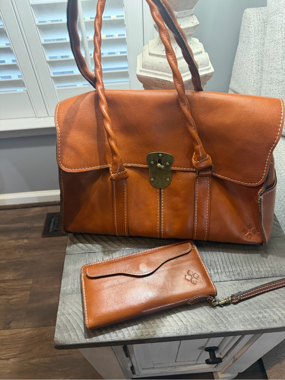 Patricia Nash Cognac Brown Leather Satchel with Wristlet